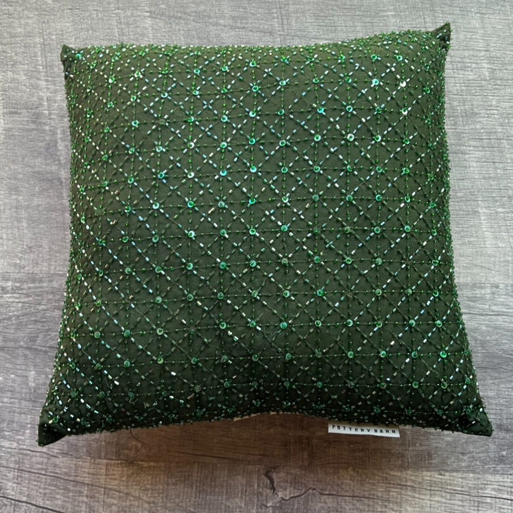Pottery Barn Dark Green Shimmer Beaded Pillow And Feather Pillow Insert